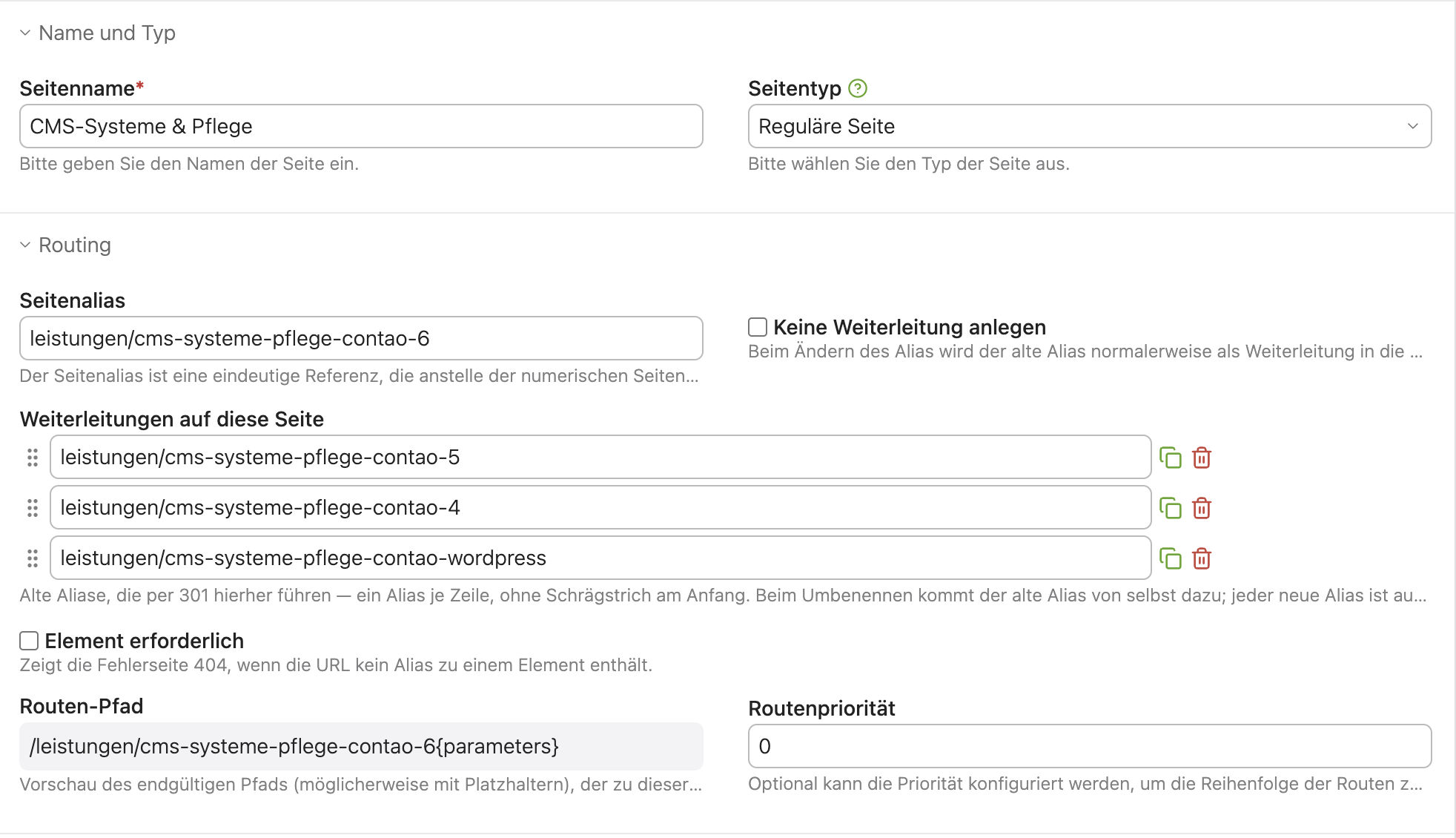 Seiteneinstellungen mit der Liste der Weiterleitungen