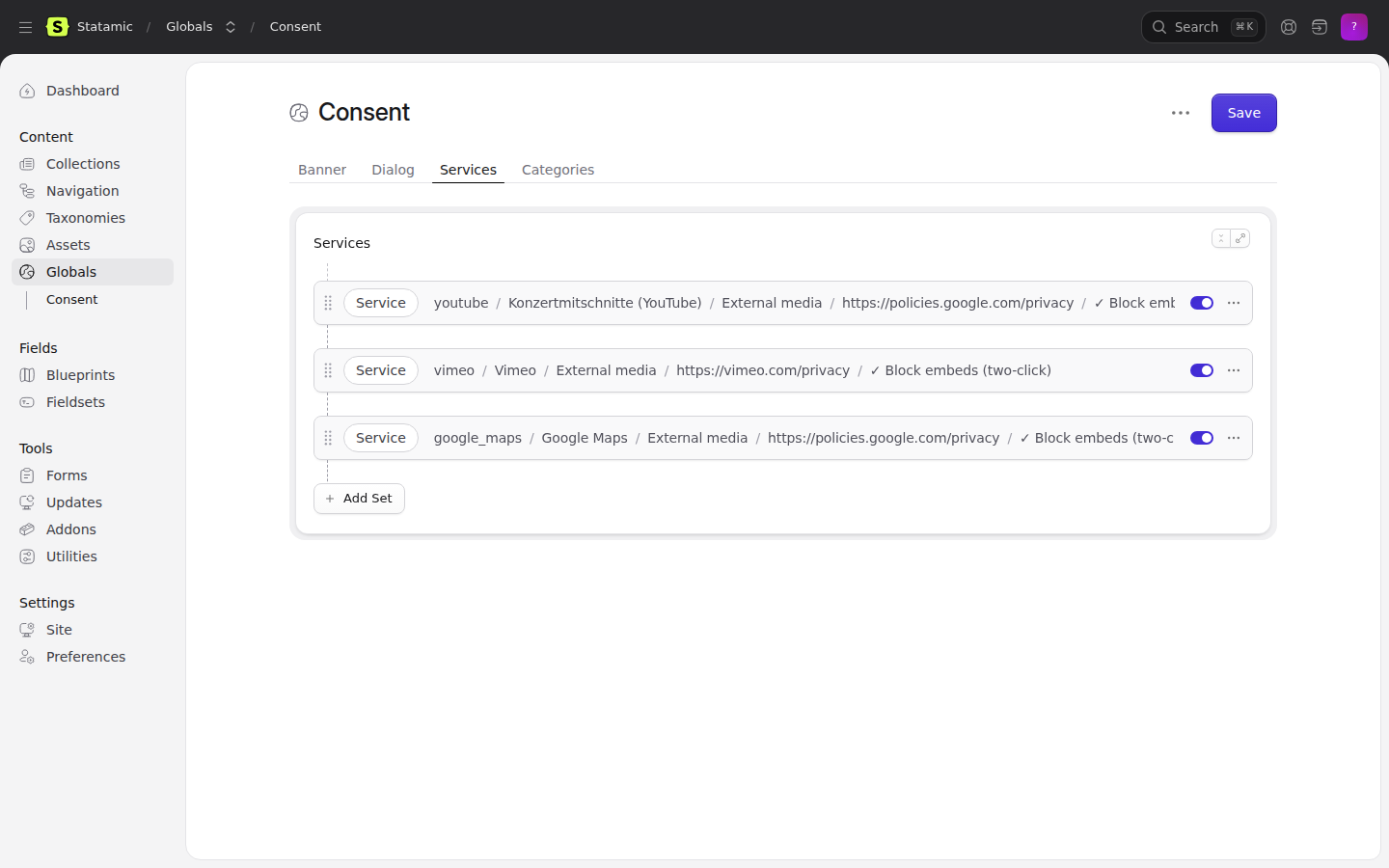 The services list in the control panel