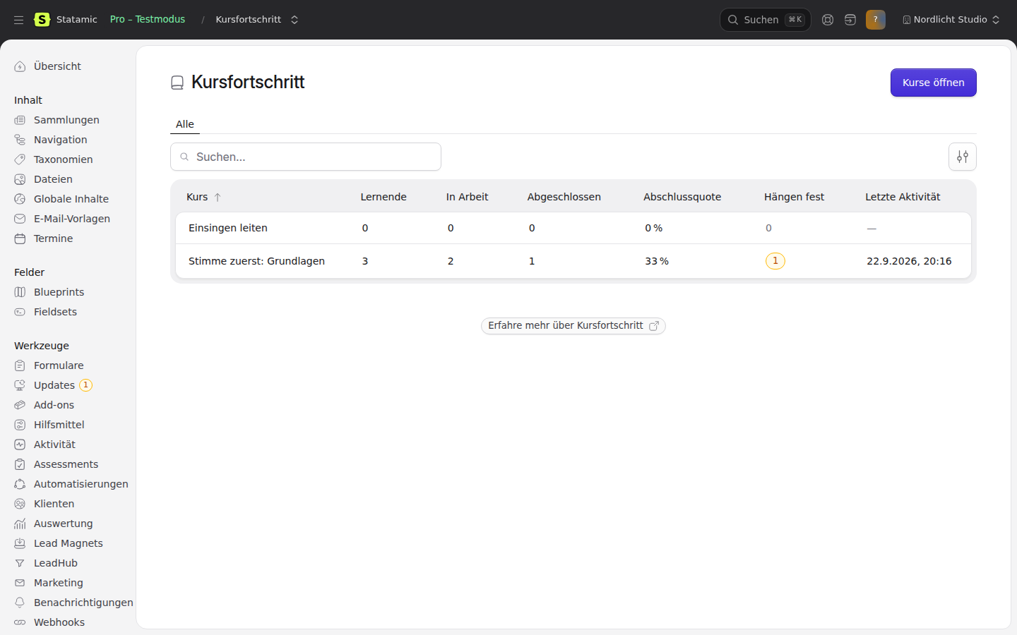 Course progress in the Control Panel