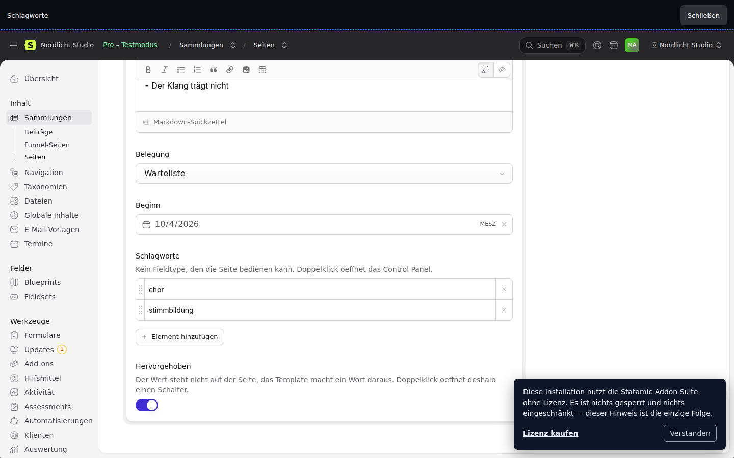 The control panel in an overlay, scrolled to one field