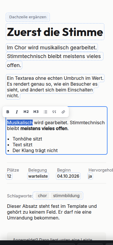 The same editor at phone width