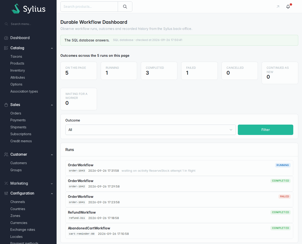 The Durable dashboard in the Sylius admin: backend state, counters per outcome, and the runs list