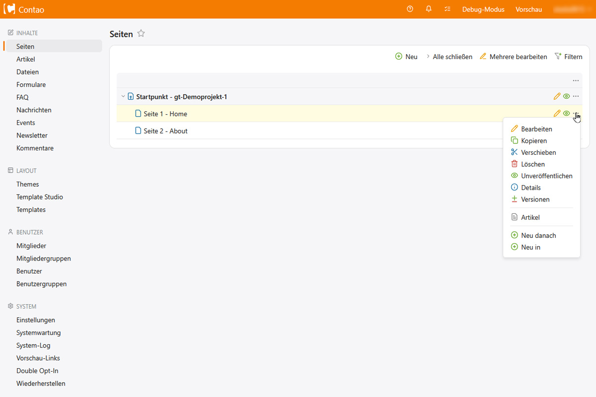 Backend Ansicht - Standard