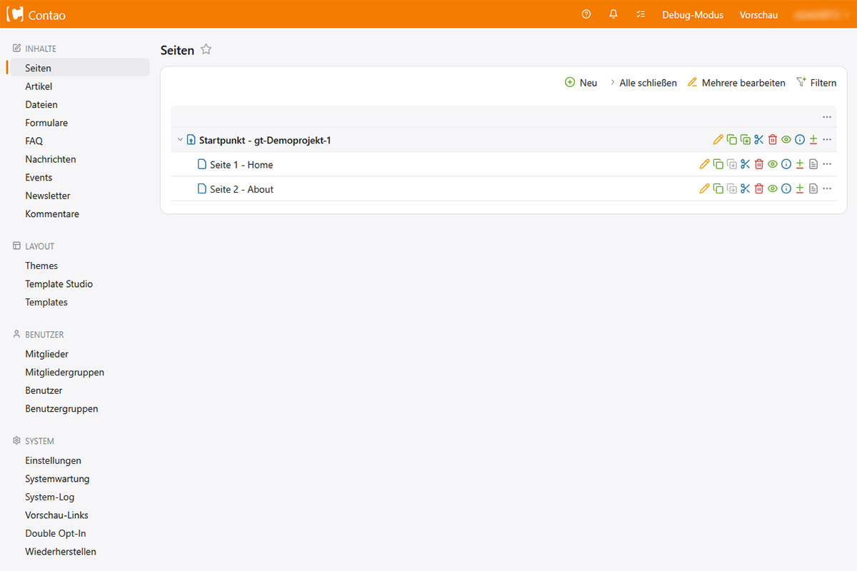Backend Ansicht - Sichtbare Operationen
