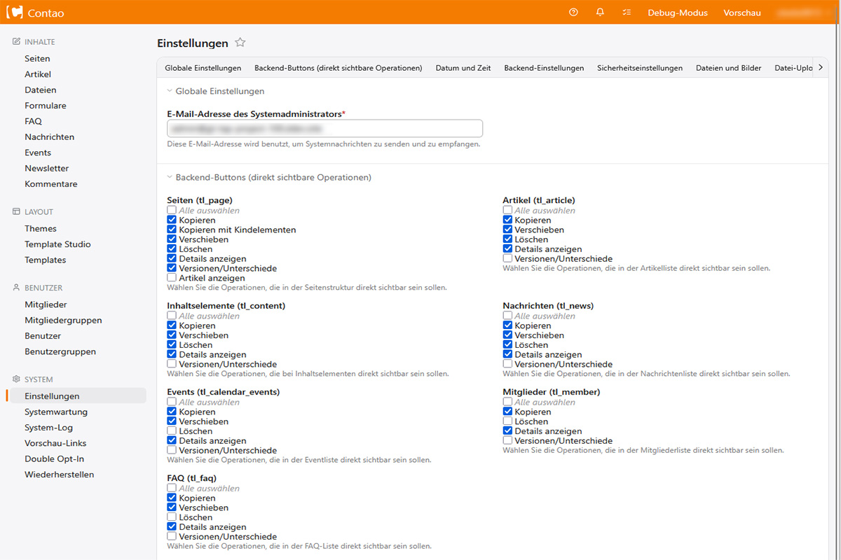 Backend Ansicht - Einstellungen