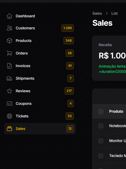 Badge na sidebar recolhida, modo escuro