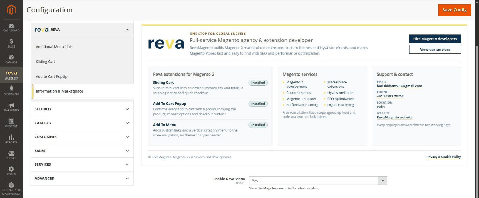 Reva Core Information & Marketplace panel in the Magento admin