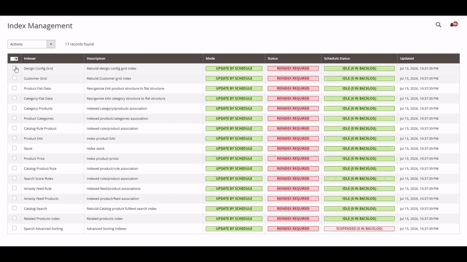 Selecting Magento indexers and opening the background reindex progress popup