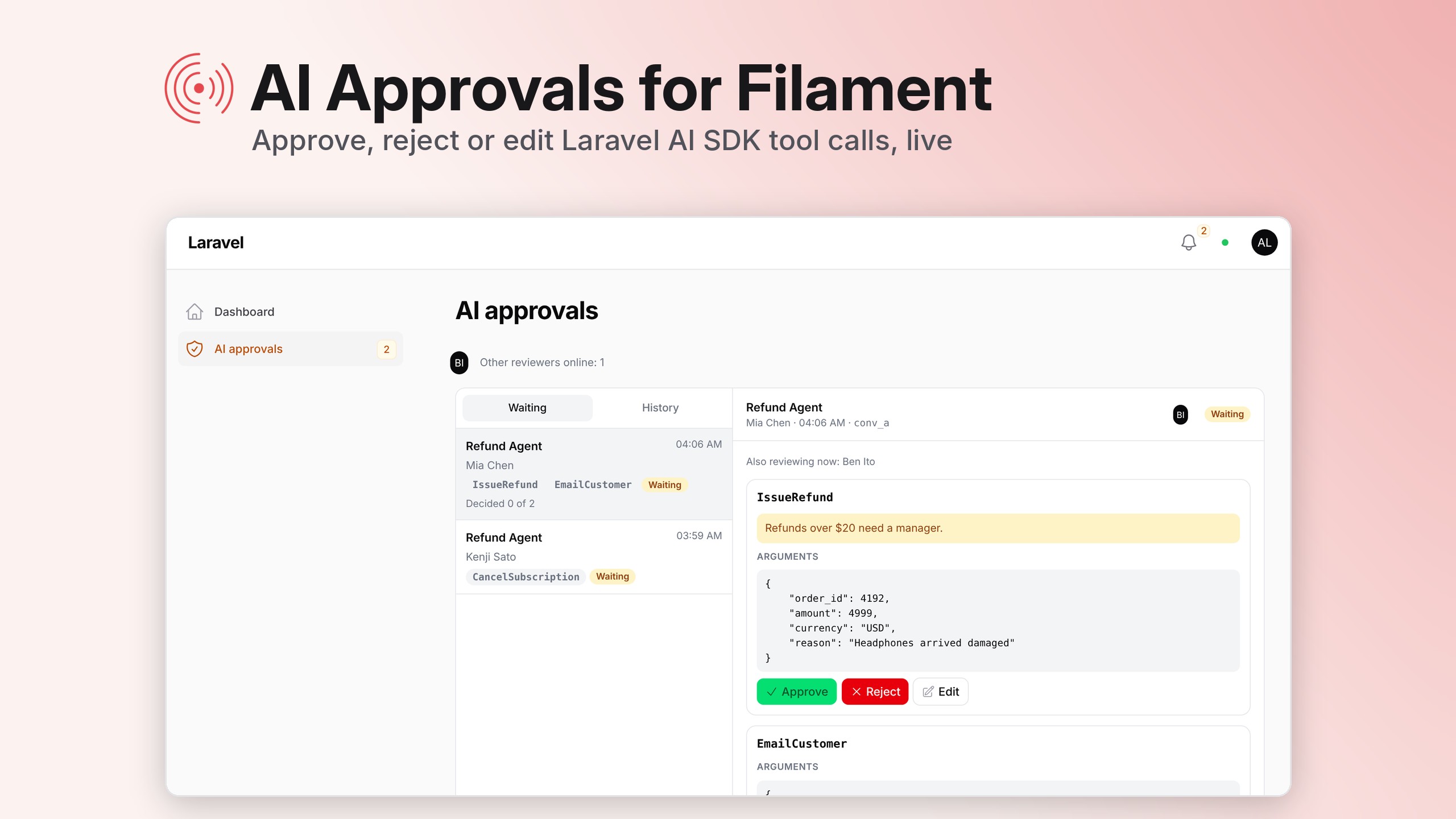 AI approvals inbox for Filament