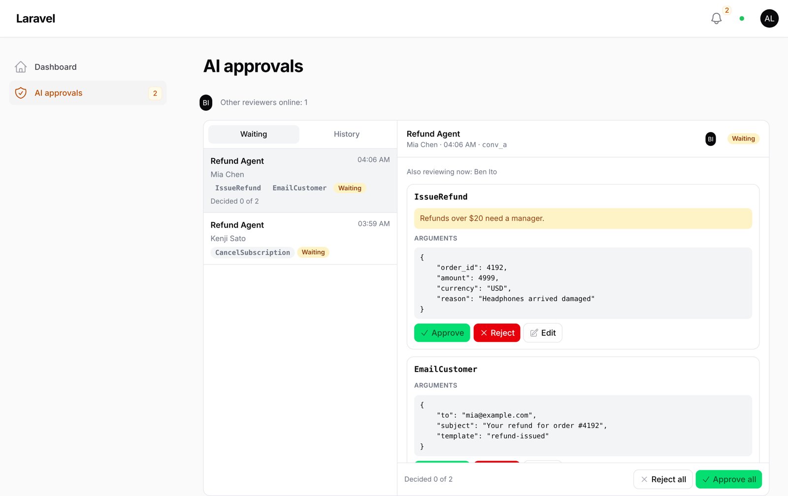 Approvals inbox in a Filament panel