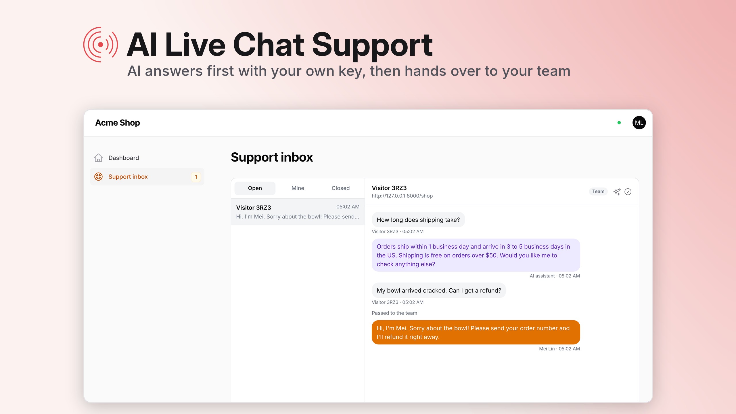 AI live chat support for Filament