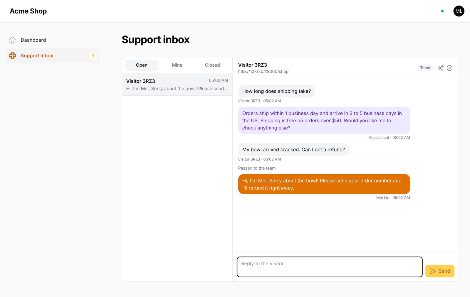 Support inbox in a Filament panel
