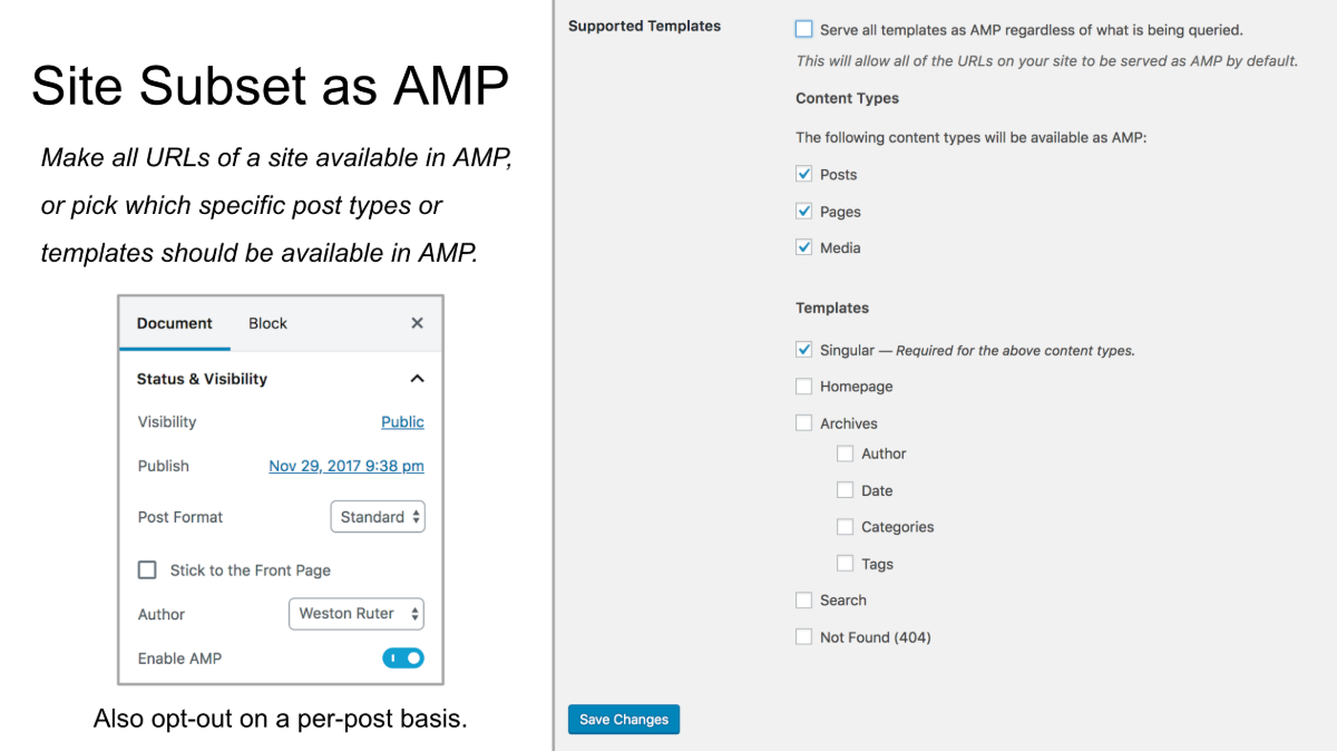 Make the entire site available in AMP or pick specific post types and templates; you can also opt-out on per-post basis.