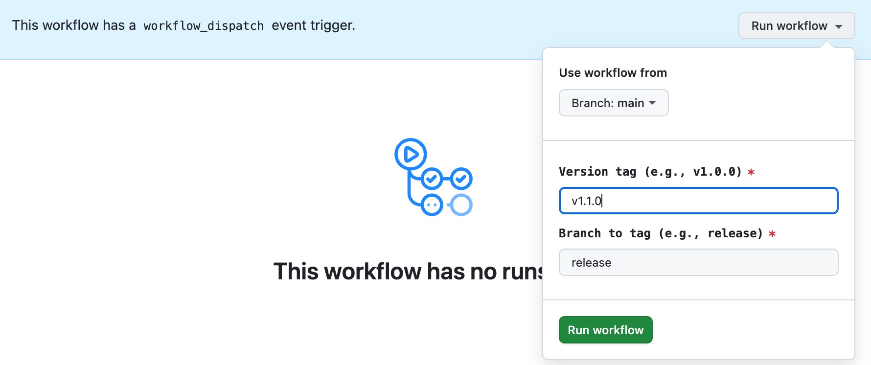 Screenshot of Run workflow dropdown form being filled out
