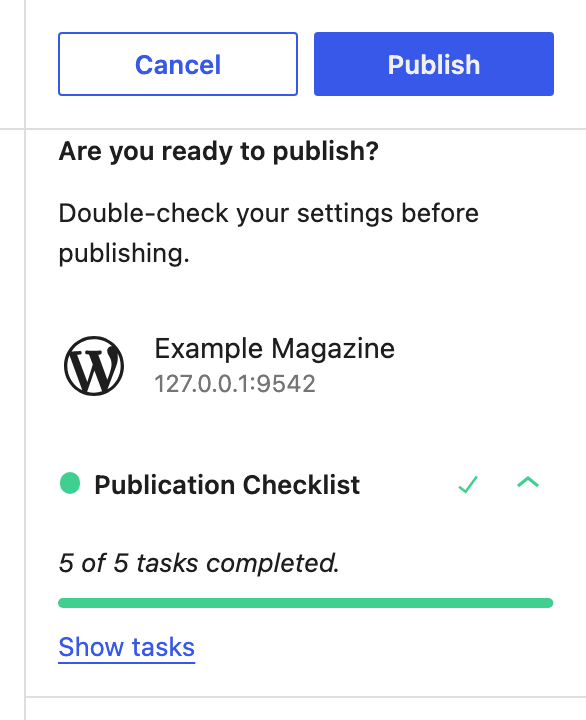 The pre-publish panel once every required task is done, with an enabled Publish button and the task list collapsed behind a Show tasks link.