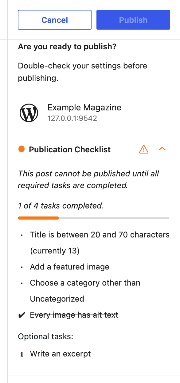 The pre-publish panel with a disabled Publish button, a notice that the post cannot be published until all required tasks are done, and a checklist with three of four required tasks incomplete.