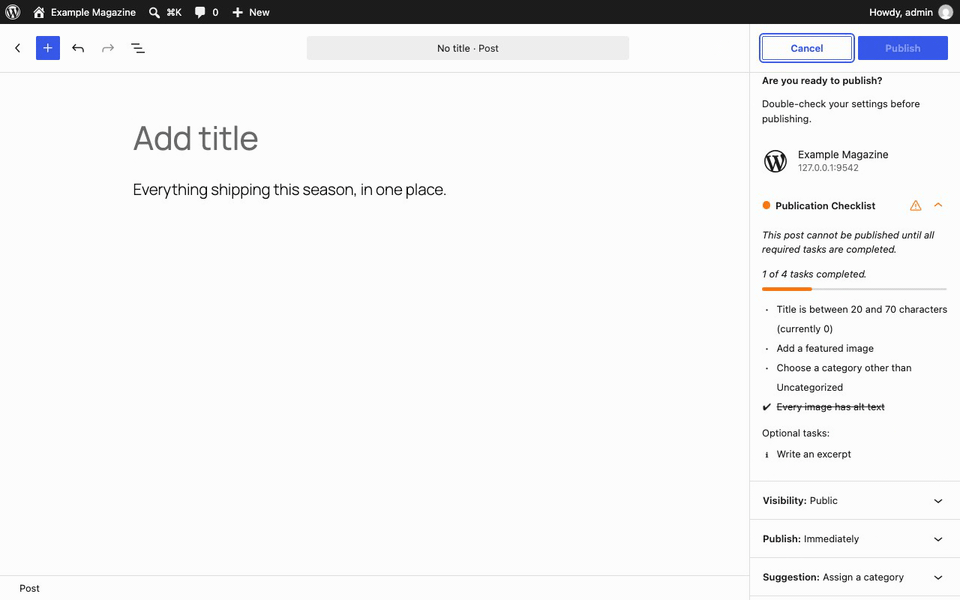 Screen recording of the block editor with the pre-publish panel open. Typing a title, choosing a category and setting a featured image tick off the required tasks one by one until the Publish button becomes enabled.