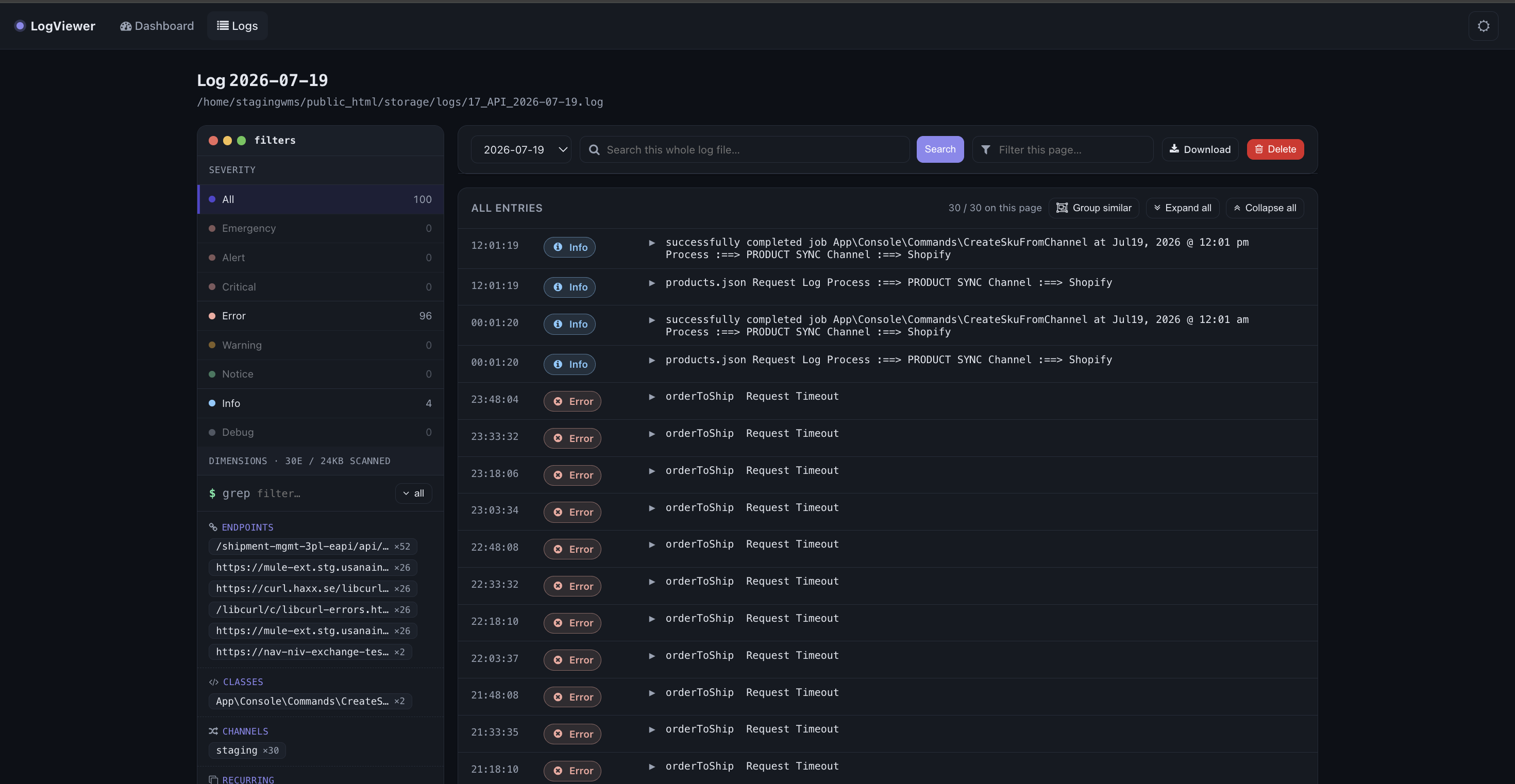 Console log page — terminal-style severity and dimension filters beside a dense, message-first entry list
