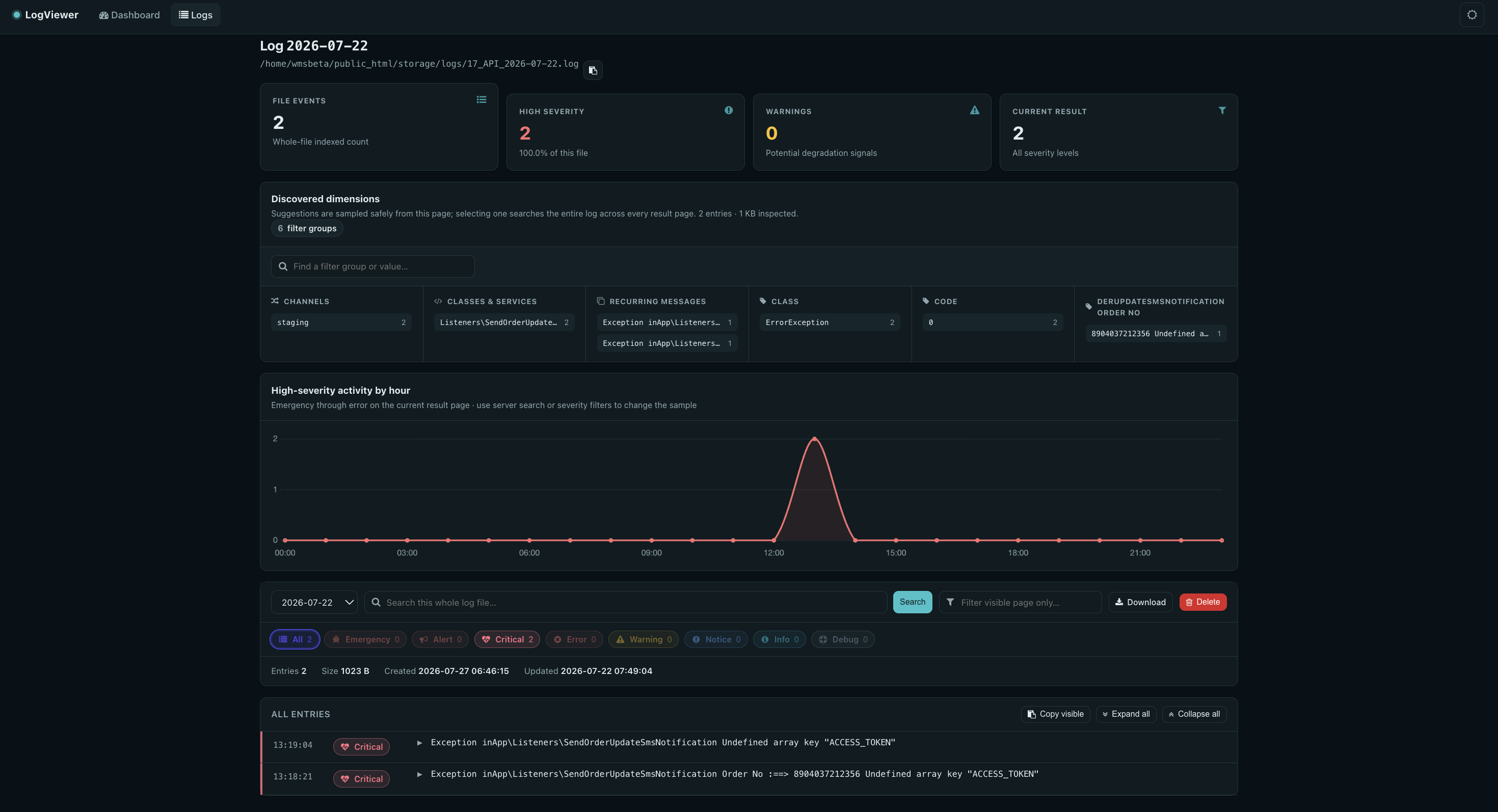 Observatory log page — severity KPIs, discovered dimensions, hourly high-severity activity, and the entry list