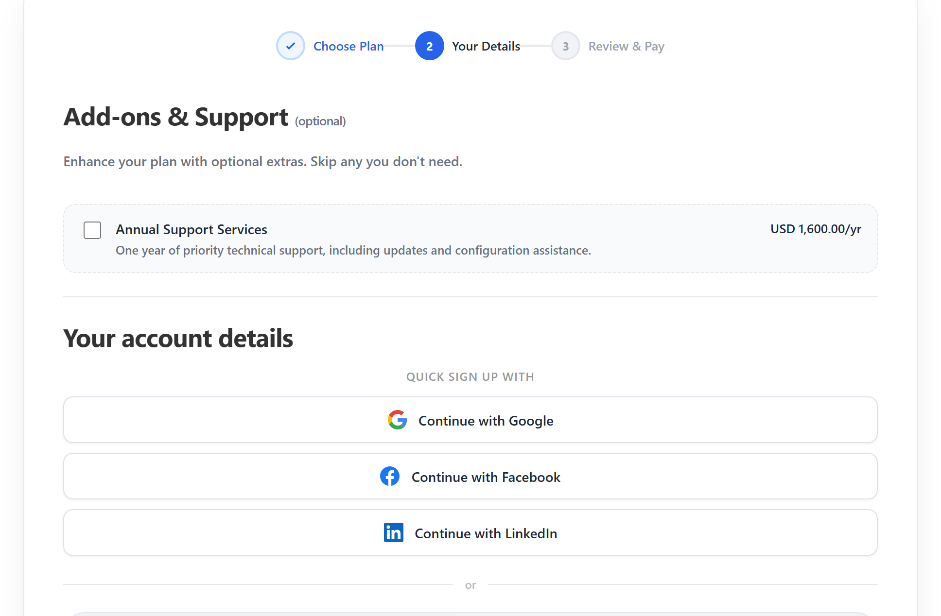 Add-ons step with an annual support line item, and Google, Facebook and LinkedIn signup buttons