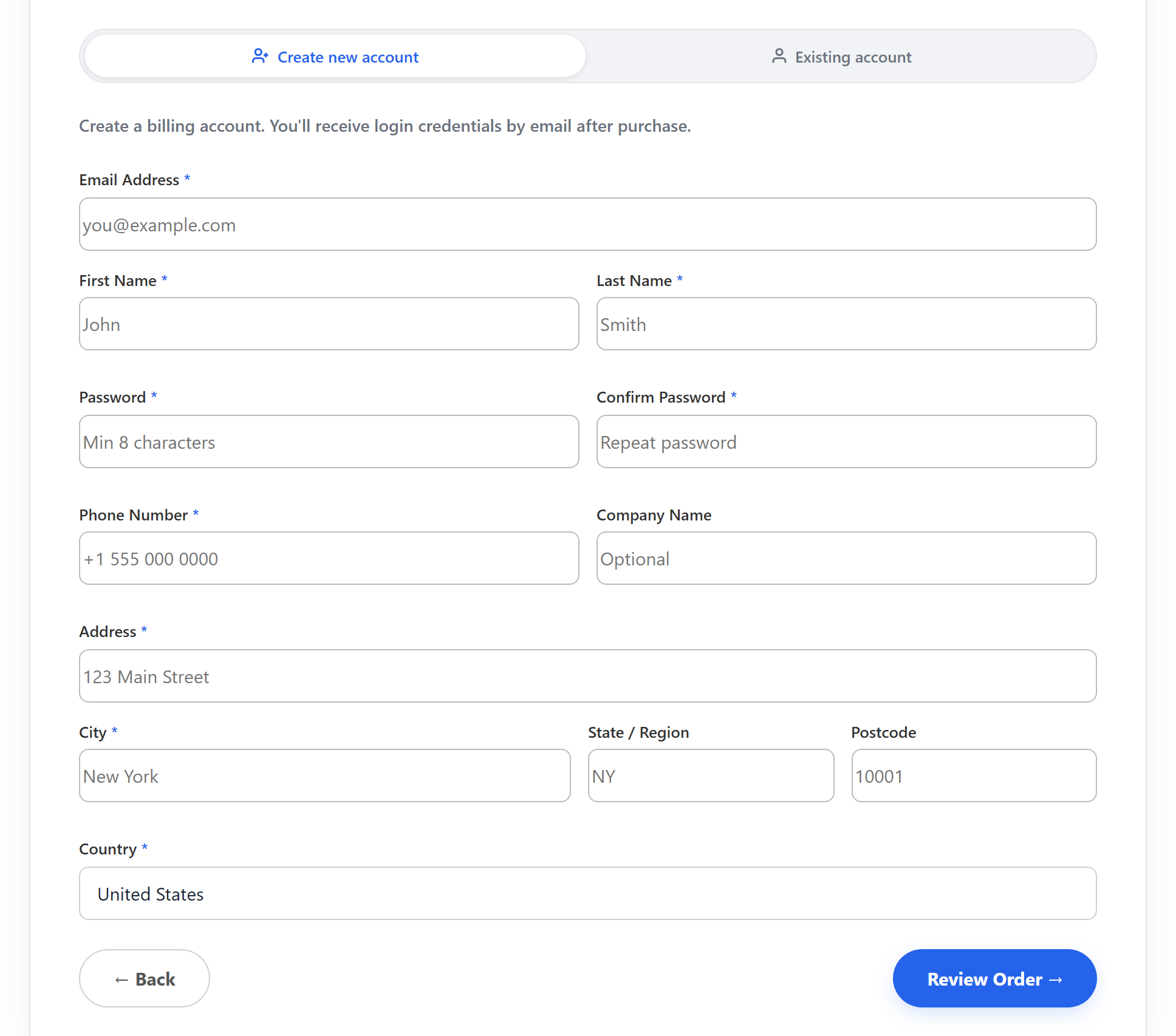 Billing details form with email, name, password, phone, address and country fields