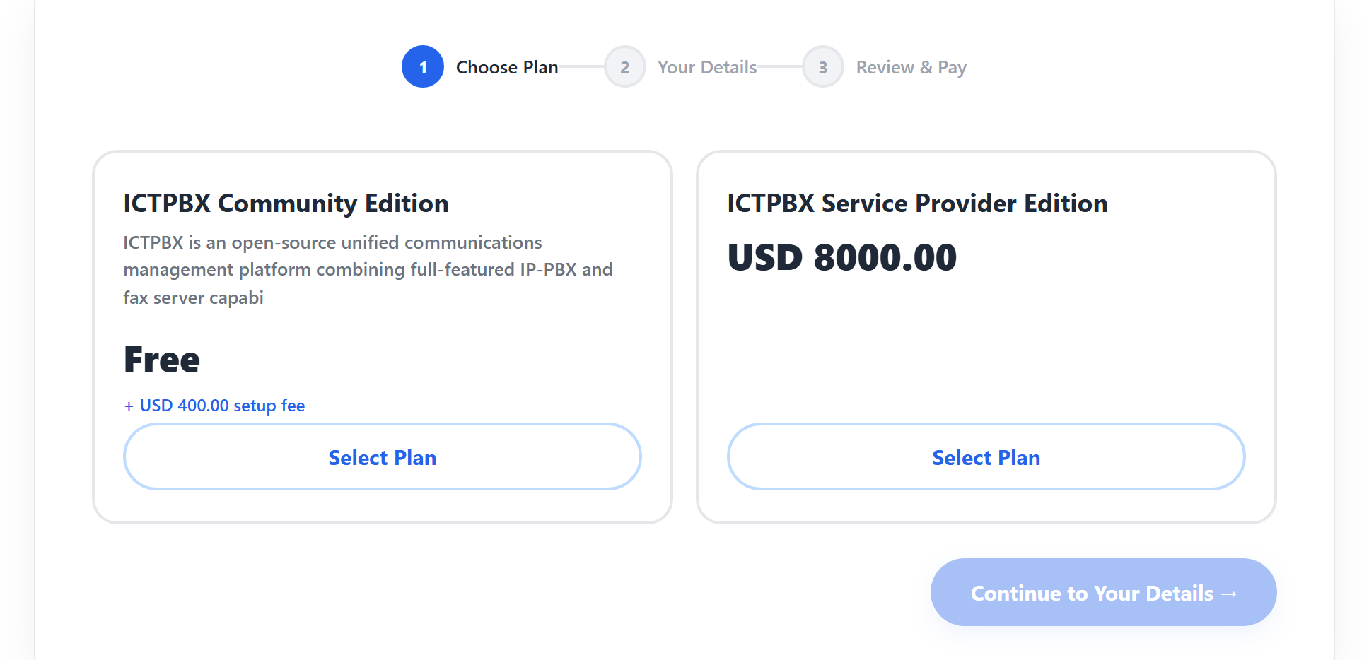 Plan selection step, showing two plans with pricing and a three step progress bar
