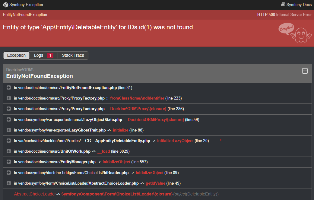 Entity of type 'App\Entity\DeletableEntity' for IDs id(1) was not found