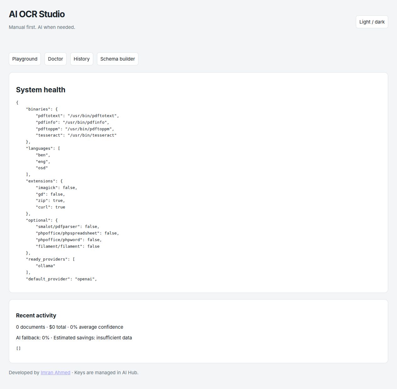 Actual Studio Doctor tab showing local binaries, English and Bangla language packs, extensions and limits