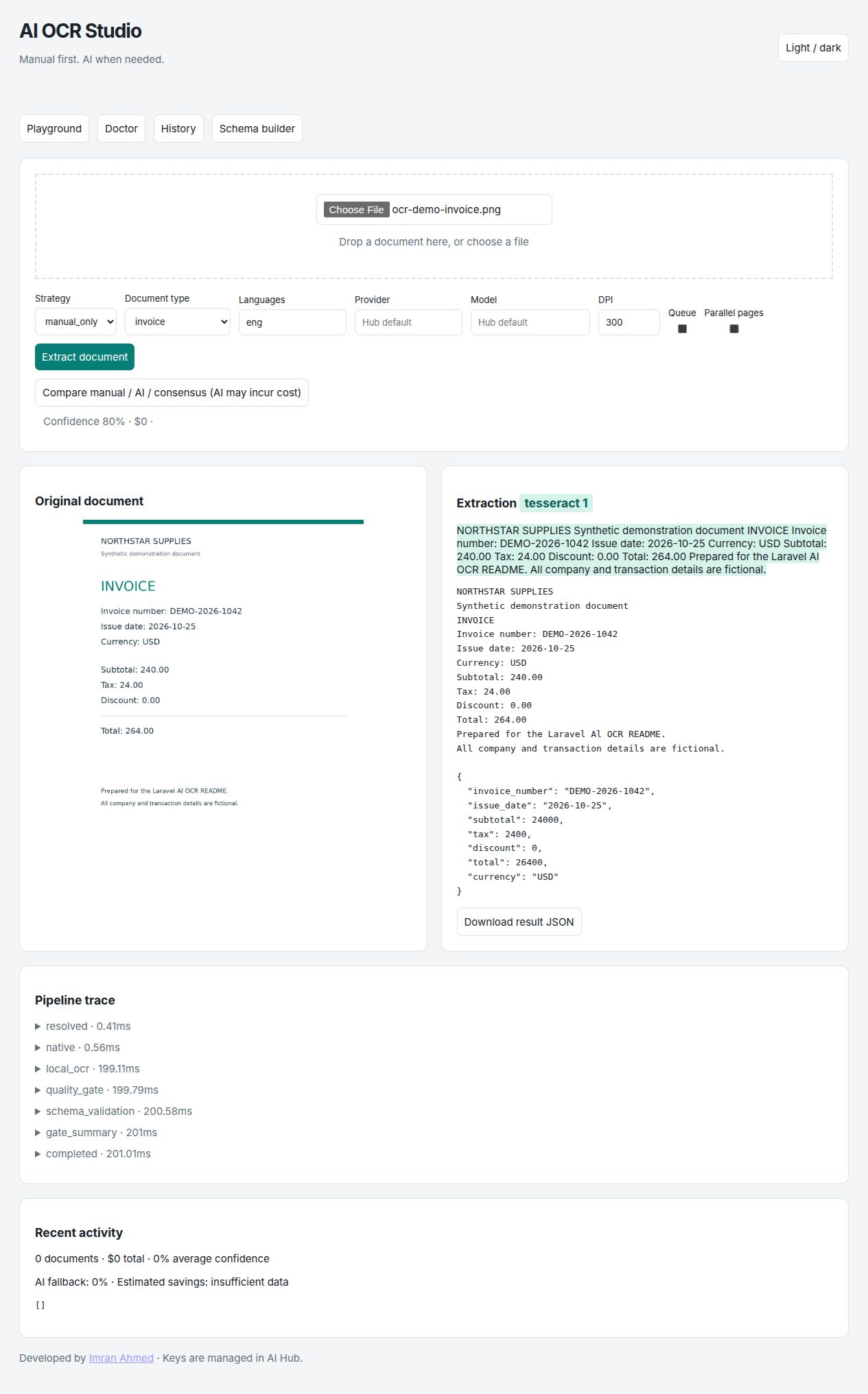 Actual AI OCR Studio showing a synthetic invoice, local Tesseract text, structured fields and pipeline trace
