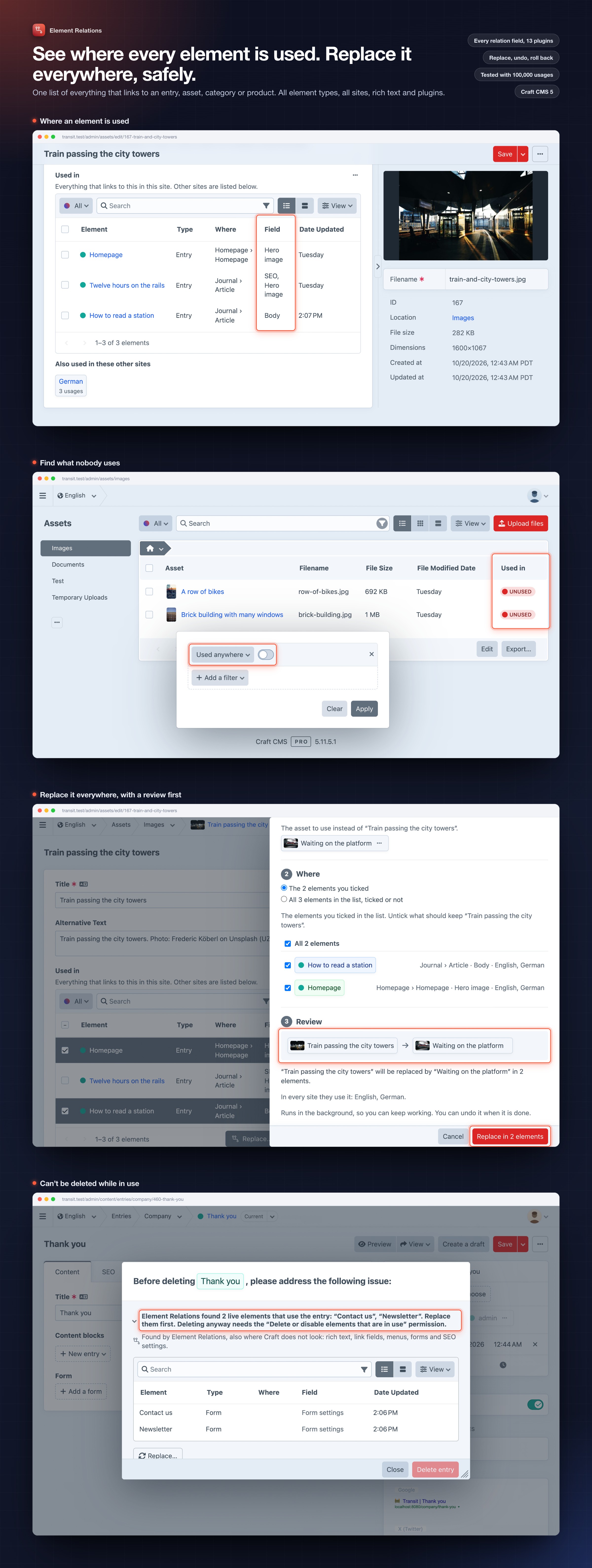 Element Relations: where an element is used, the unused filter, replace with a review, and Craft’s delete dialog with the usages