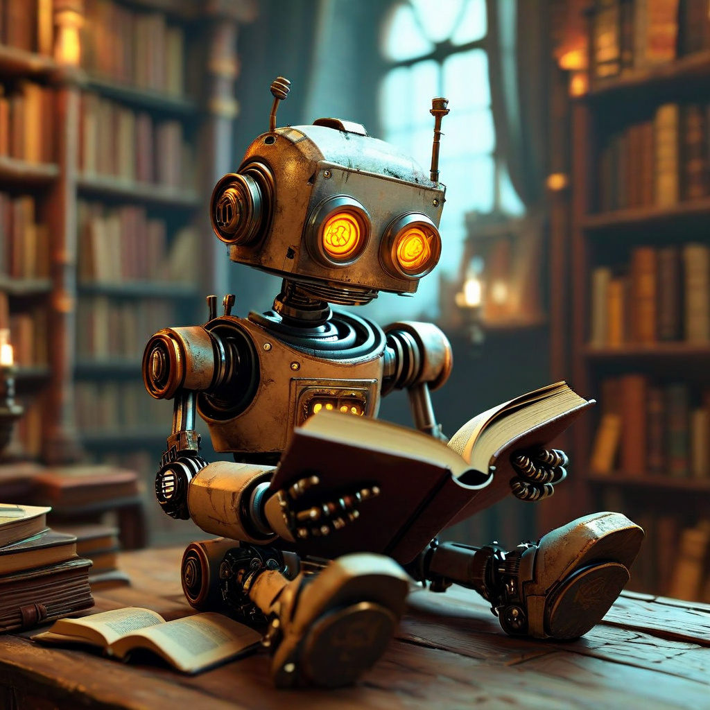 A cute steampunk robot reading a book in a cozy library
