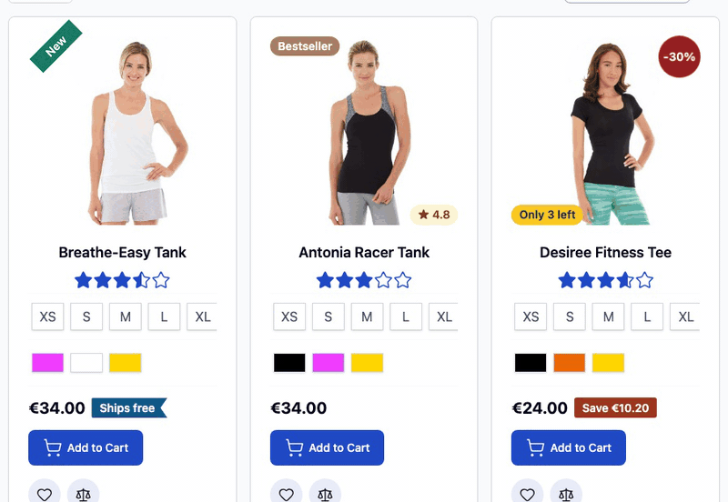 OpenLabel on a Hyvä store: twenty labels in twenty built-in designs on a category page (corner, ribbon, circle, pill and outline shapes, on the image and next to the price), a tooltip on hover, and the same labels on the product page