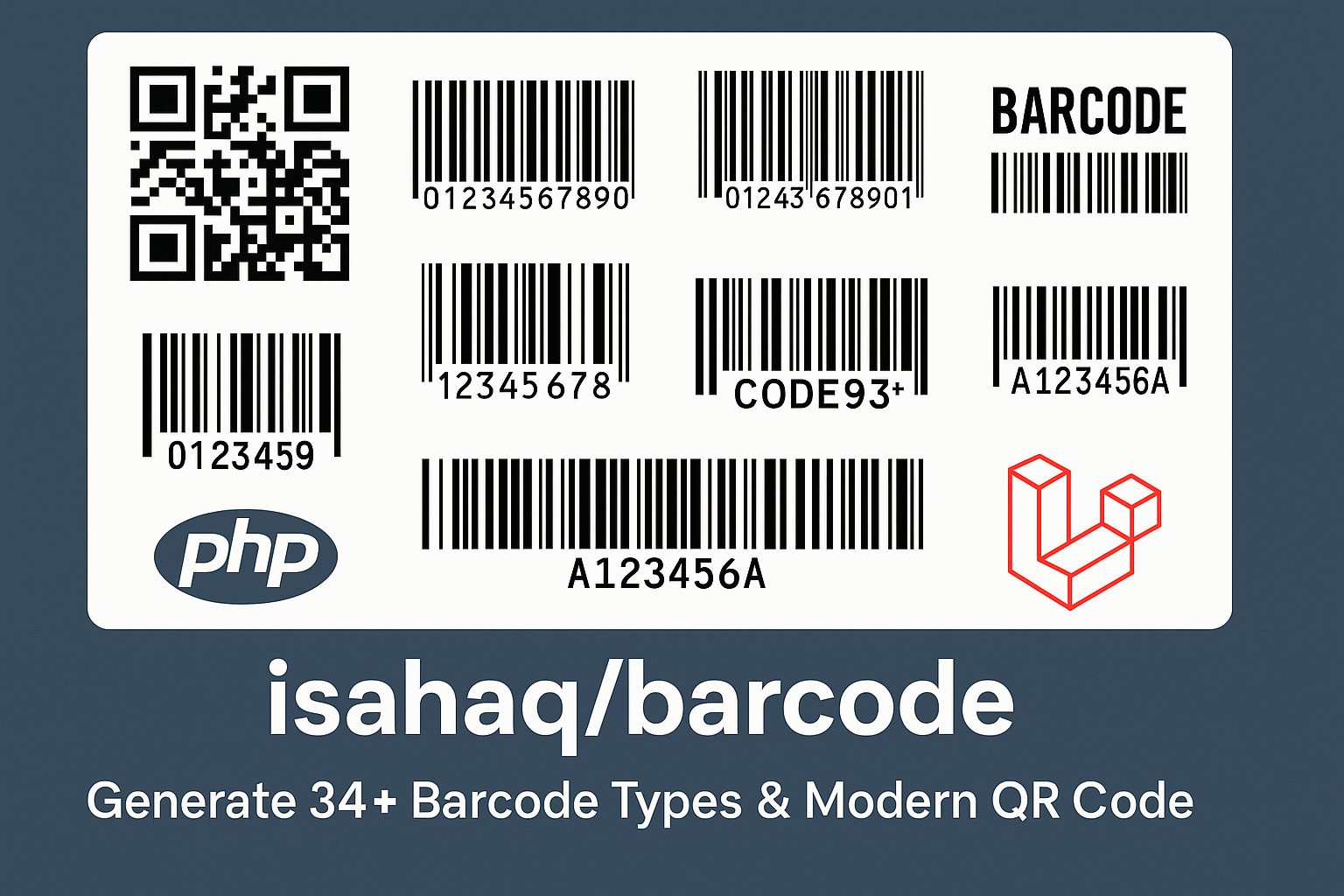 isahaq/barcode — Generate 44 barcode types and modern QR codes in PHP