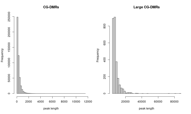 Histogram for the sizes of DNA methylation regions