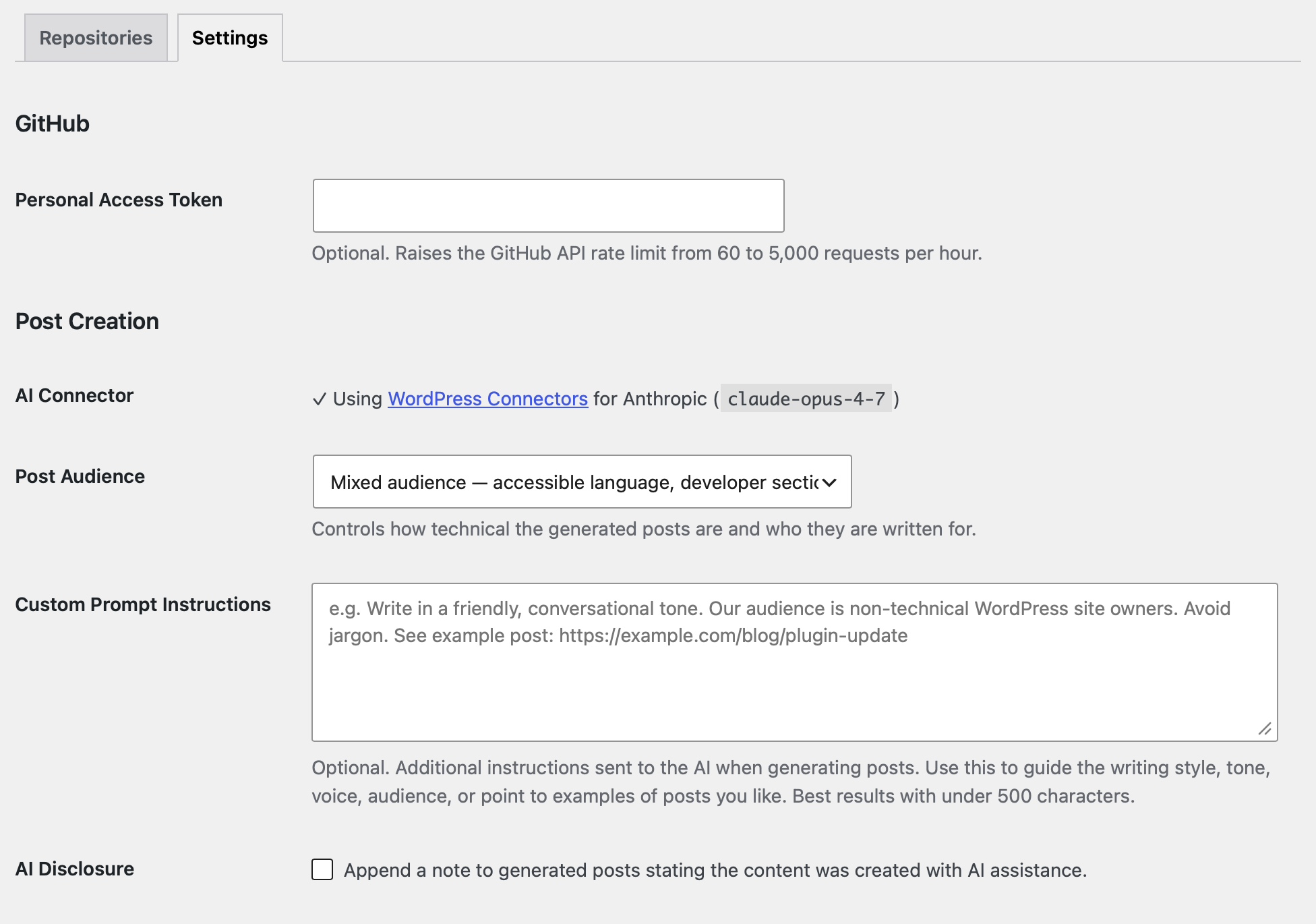 Settings tab
