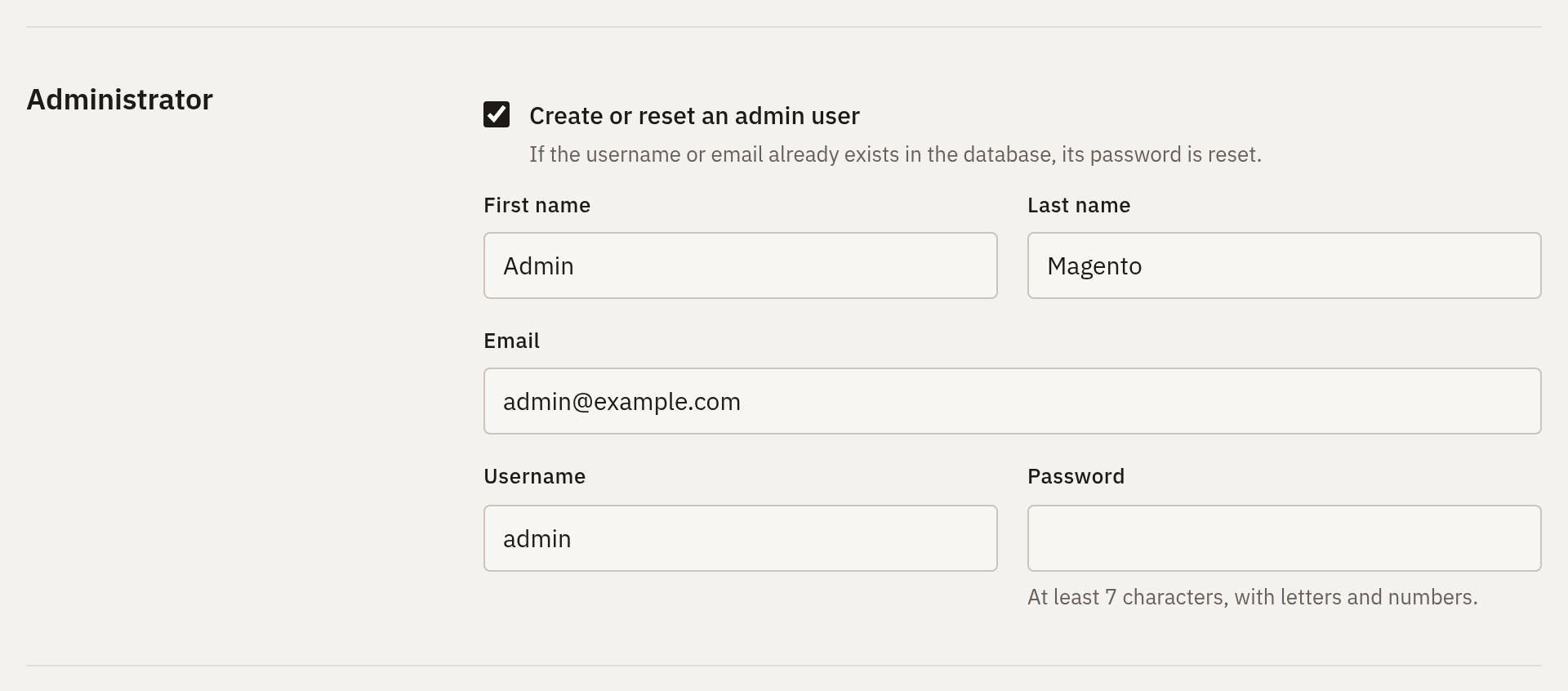 Create or reset an admin user