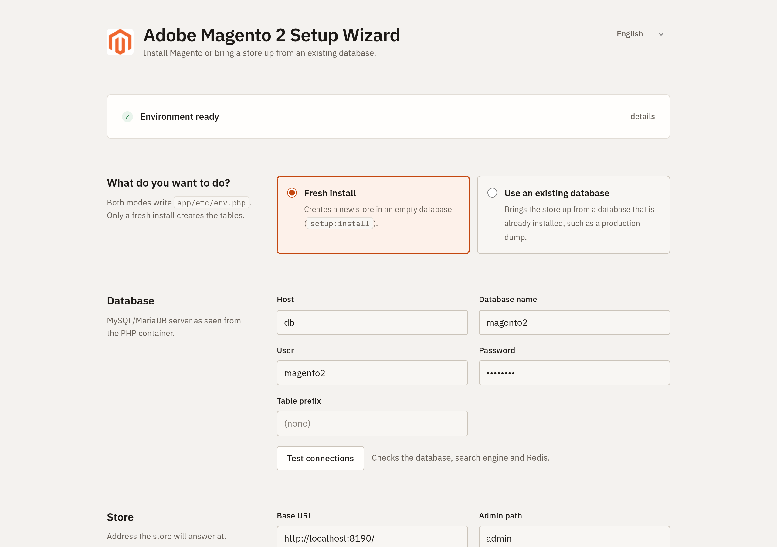 The Setup Wizard, opened on a Magento store that is not installed yet