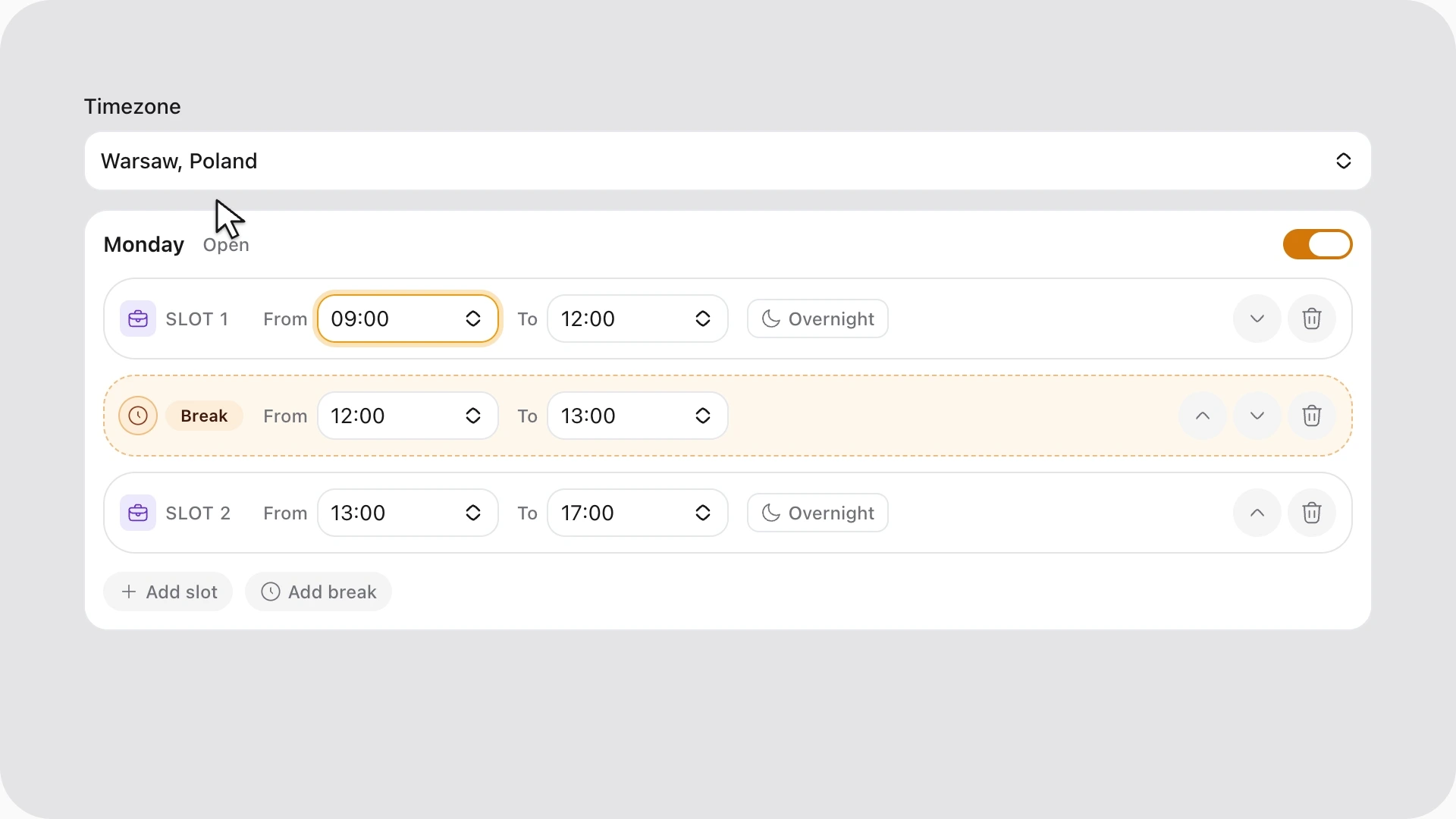 Animated preview of weekly business hours with day switches and time slots