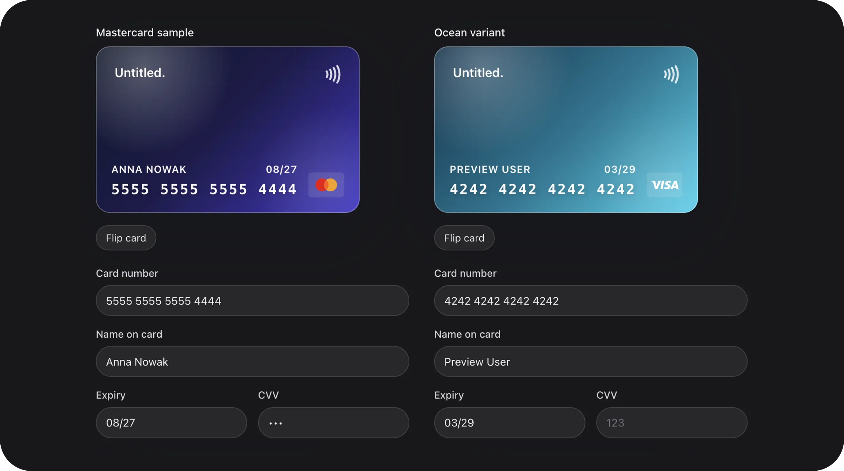 CreditCardField - Real-time credit card preview wrapper with Luhn validation and dynamic CVV flip animations