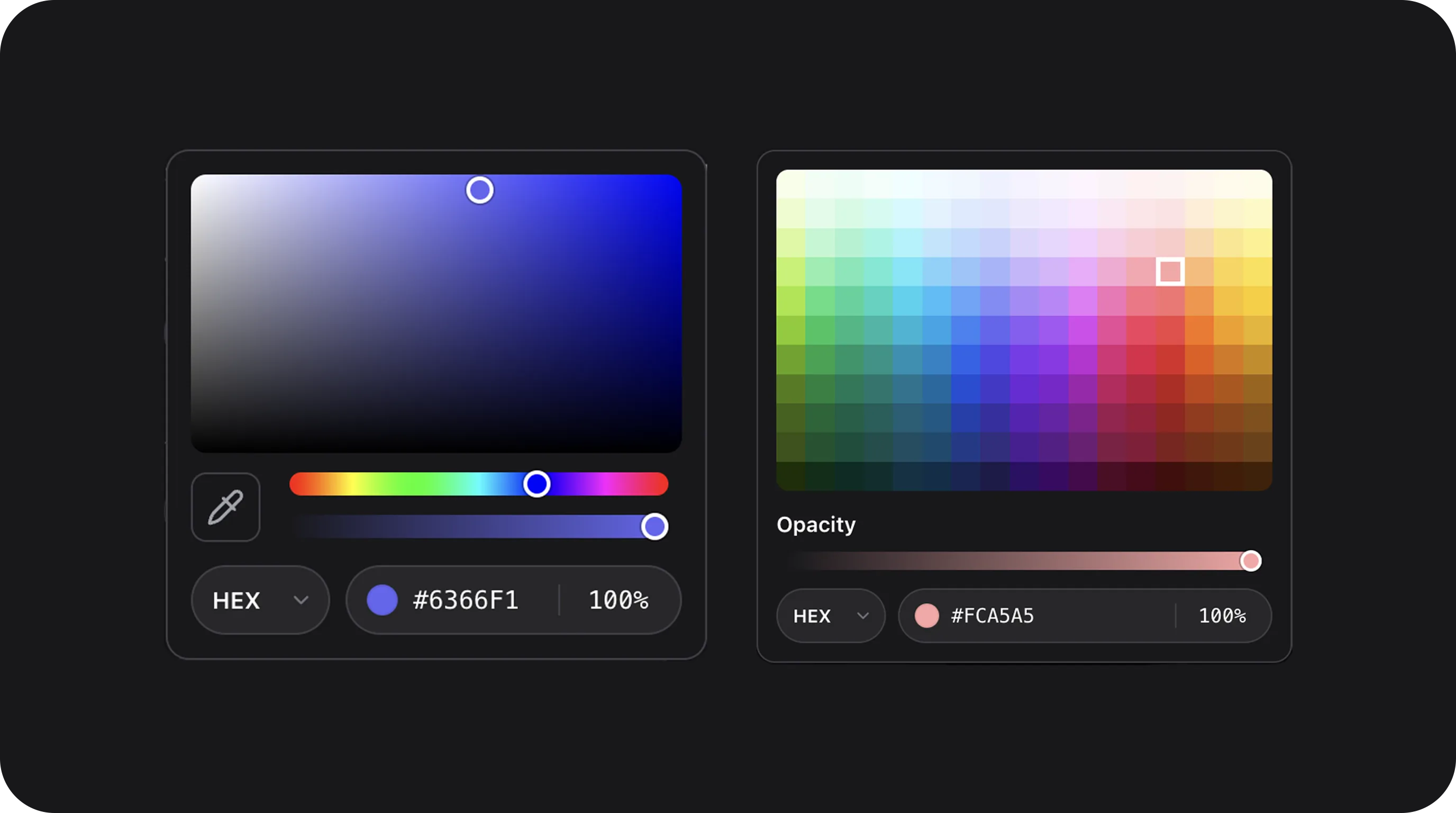 FlexColorPickerField - Color picker with preset swatches, opacity slider, visual grid, and eyedropper support
