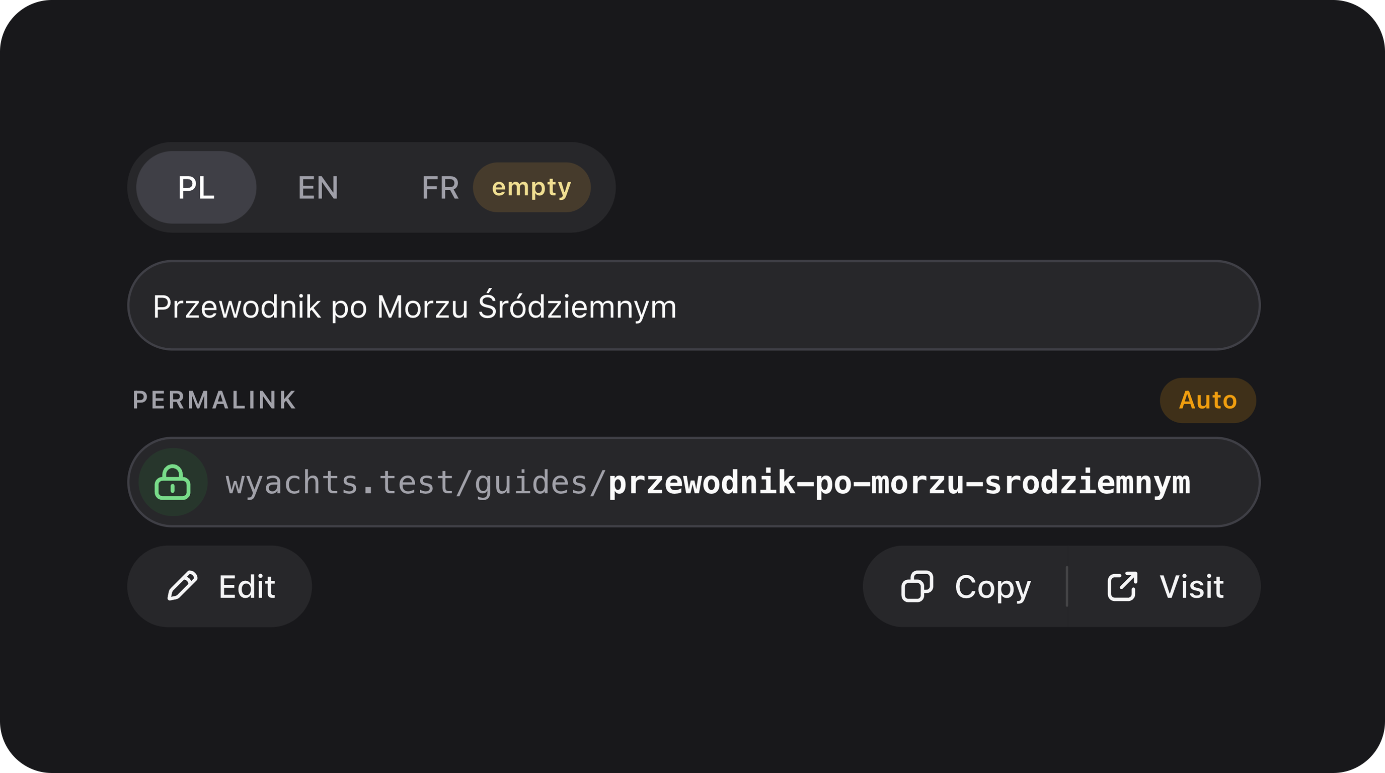 SlugField combined with TranslatableFields showing multi-lingual title fields and live localized URL slug generation