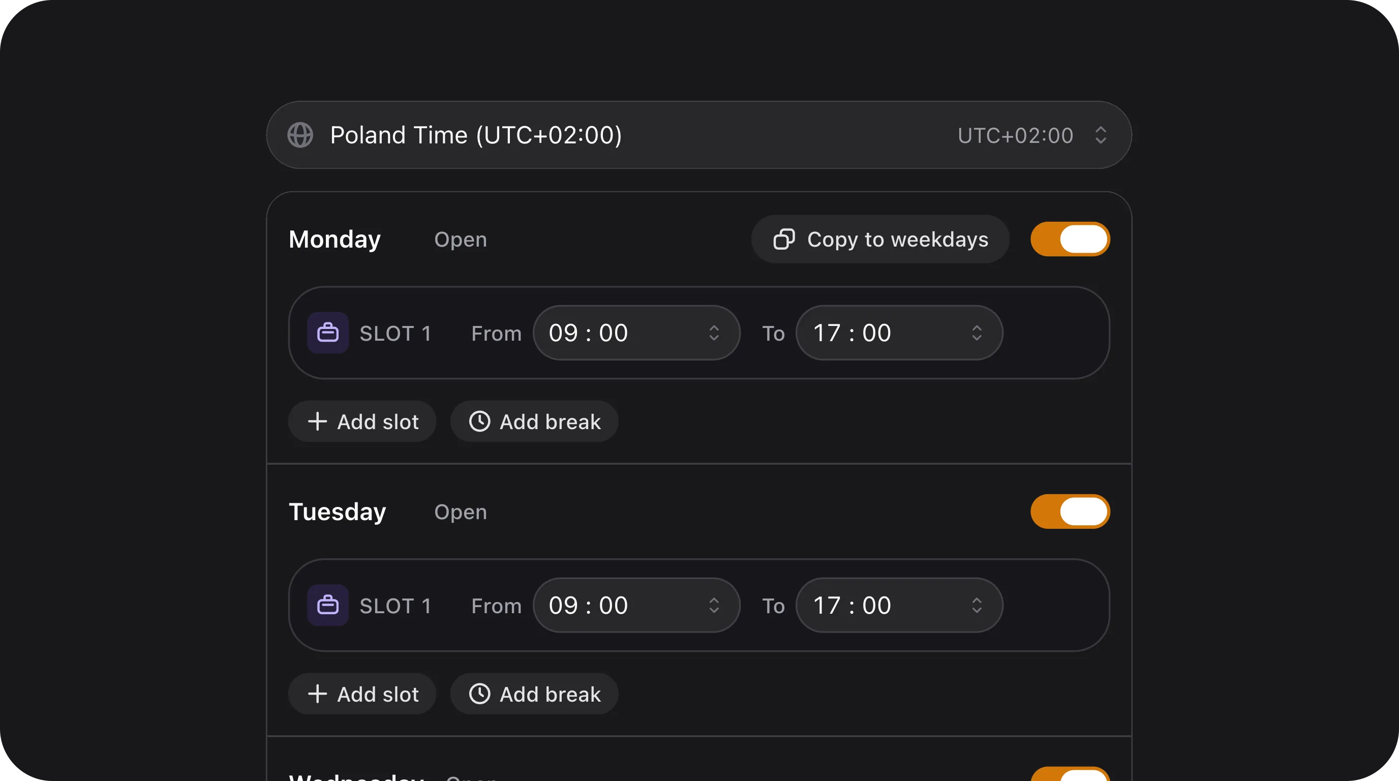 ScheduleField - Weekly schedule editor with day toggles, multiple time slots, breaks, and copy-to-weekdays functionality