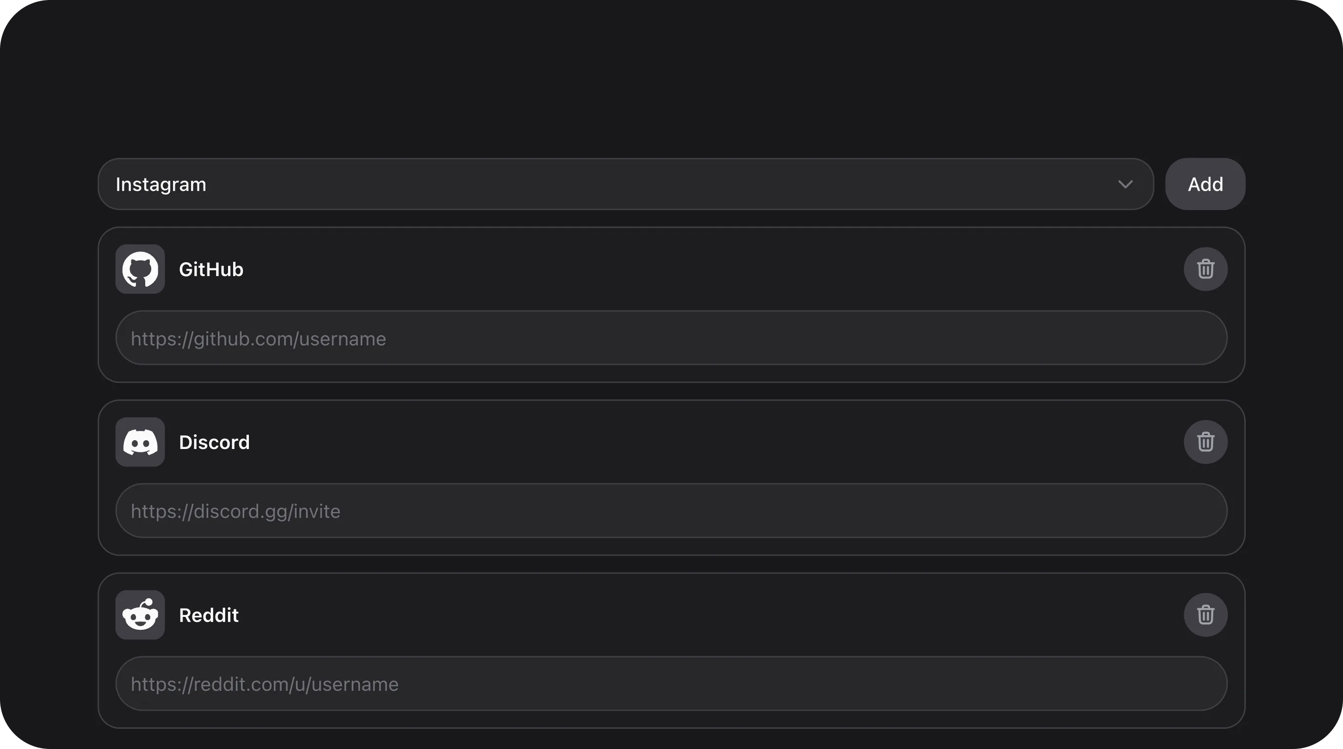 SocialLinksField - Social profile link editor with brand icons, validation, reordering, and custom platforms support