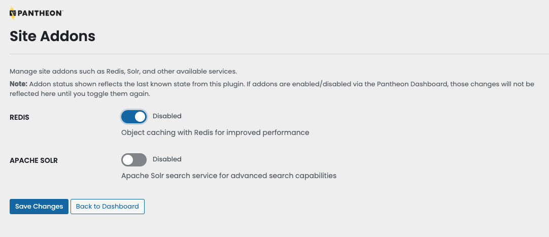 Addons page showing Redis and Solr toggle switches with save button