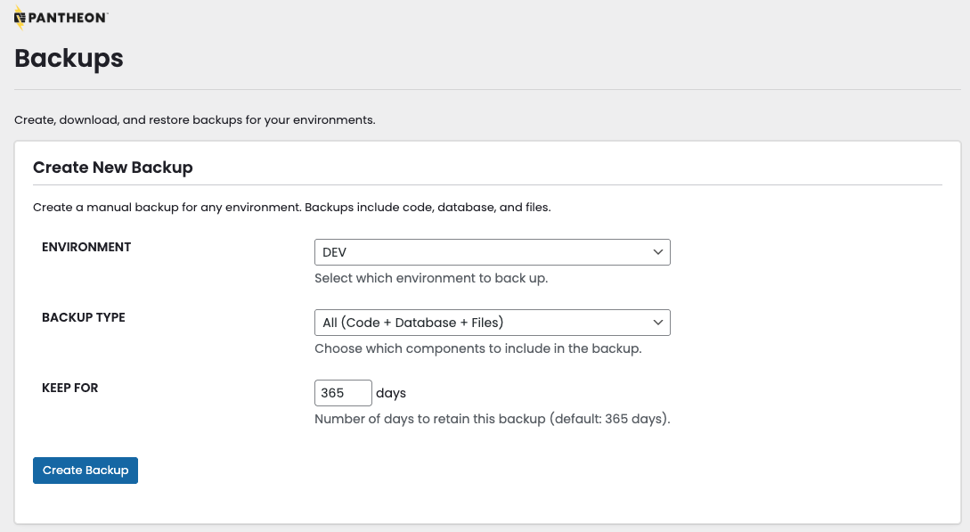 Backups page - environment selector and backup creation