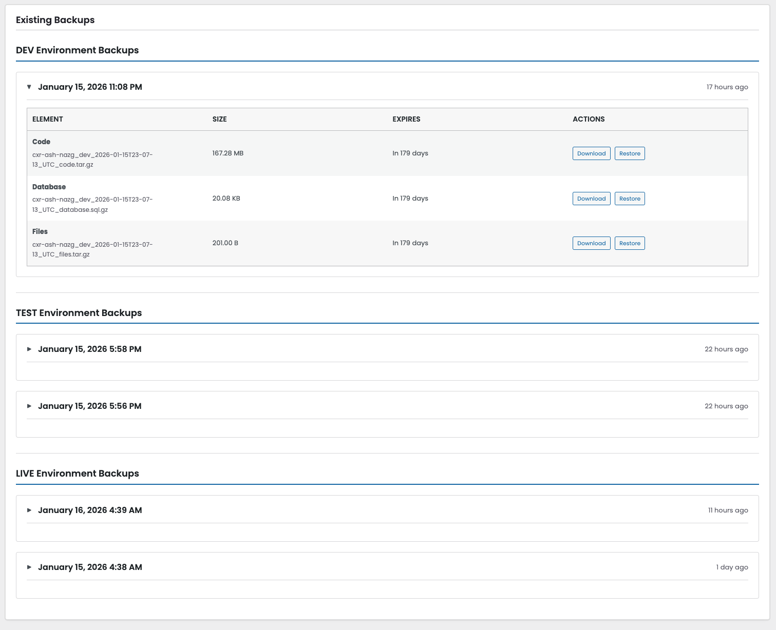 Backups page - backup catalog with restore and download buttons