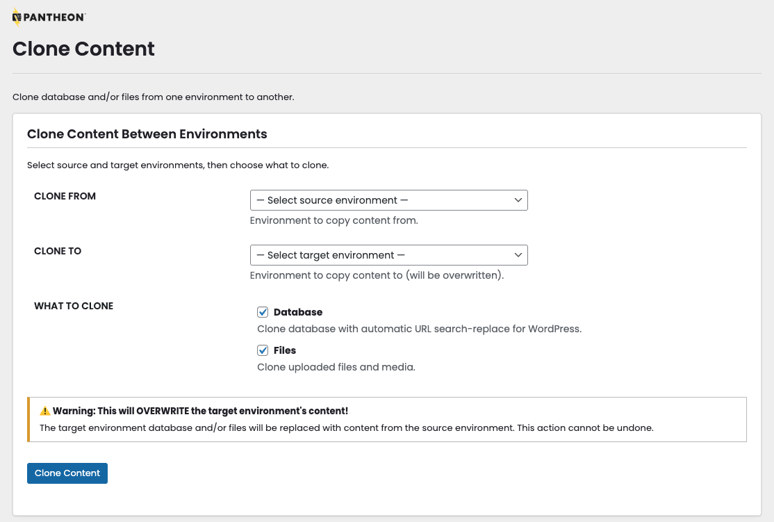 Clone page - environment selectors and clone options