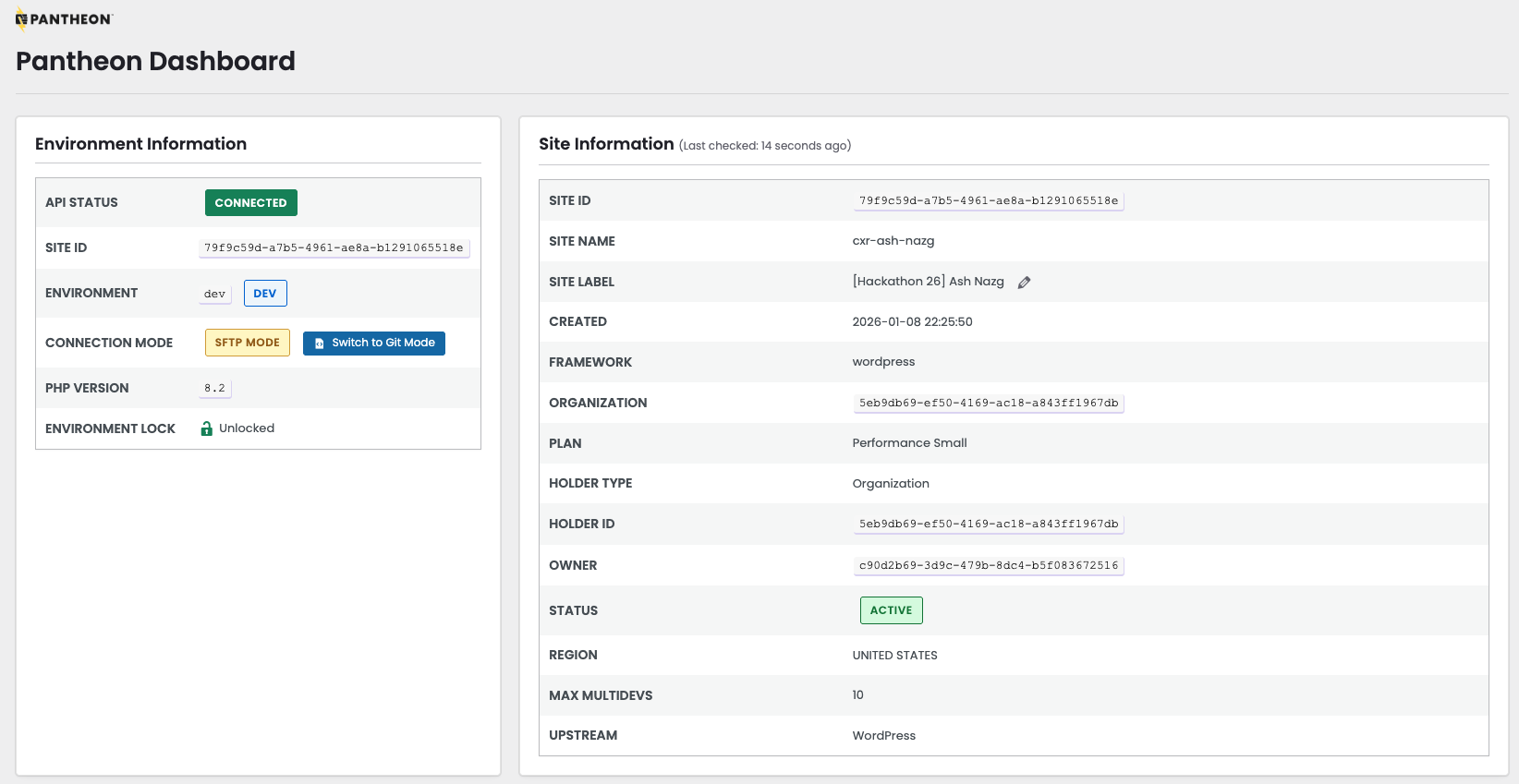 Dashboard page showing environment status, site info card and connection mode toggle