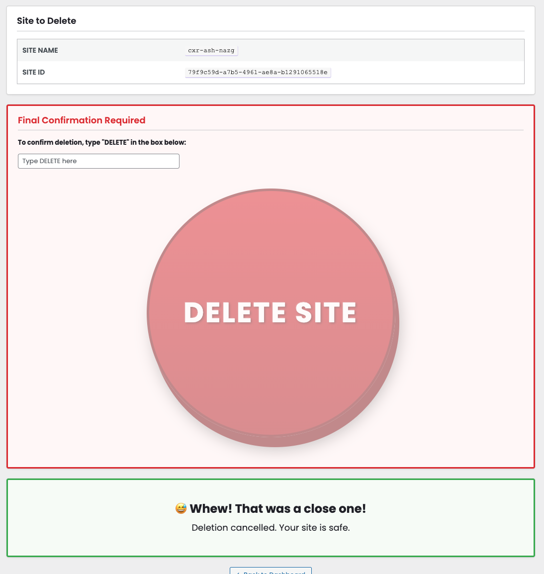 Delete site page - whew message after cancellation