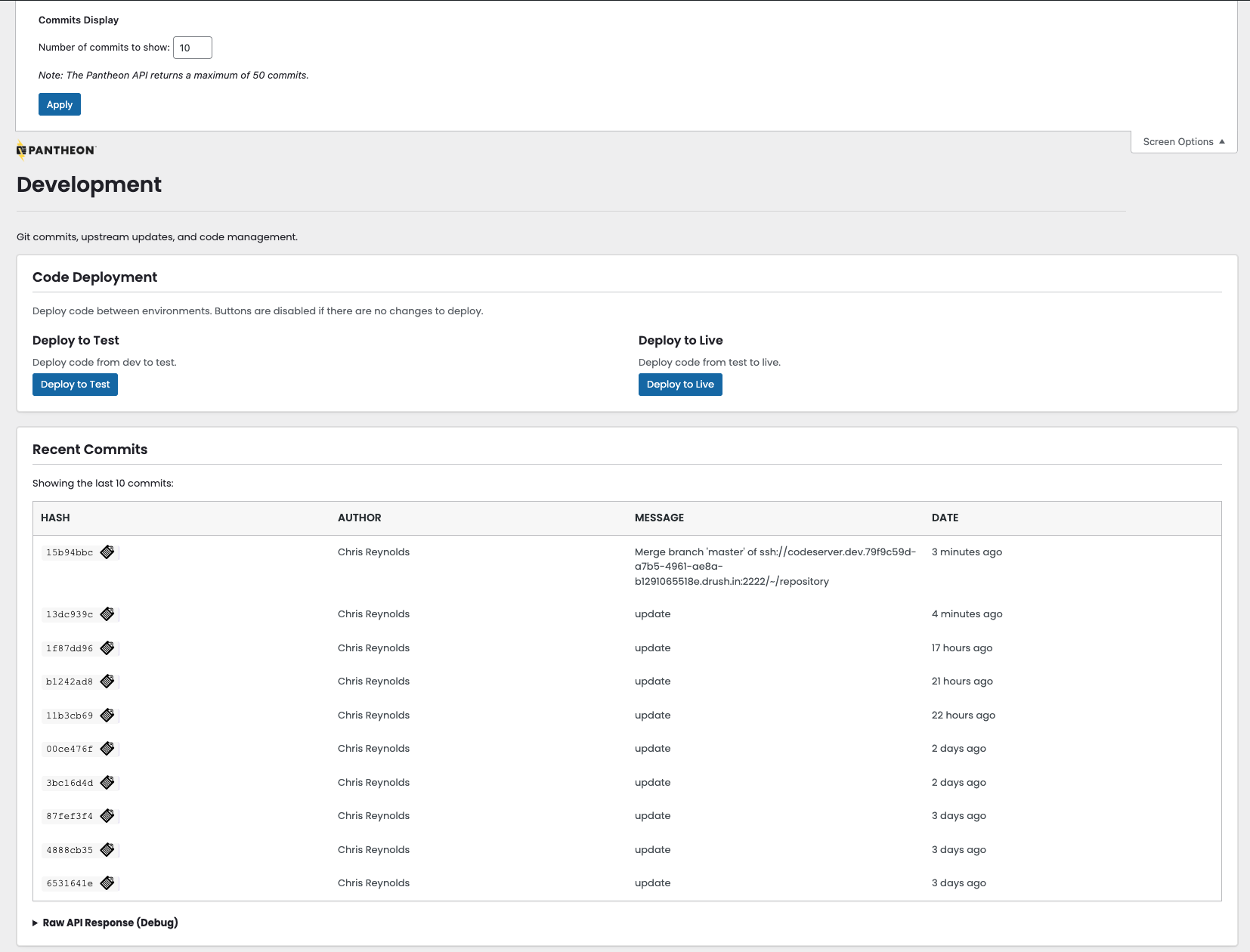 Development page - code deployment panels and commit list